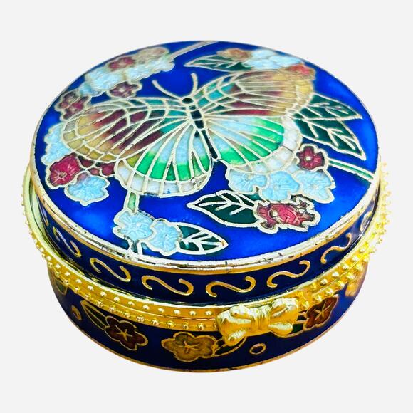 Vintage Blue Gold Tone Cloisonne Butterfly Round Pill Box Trinket Box - Picture 4 of 8